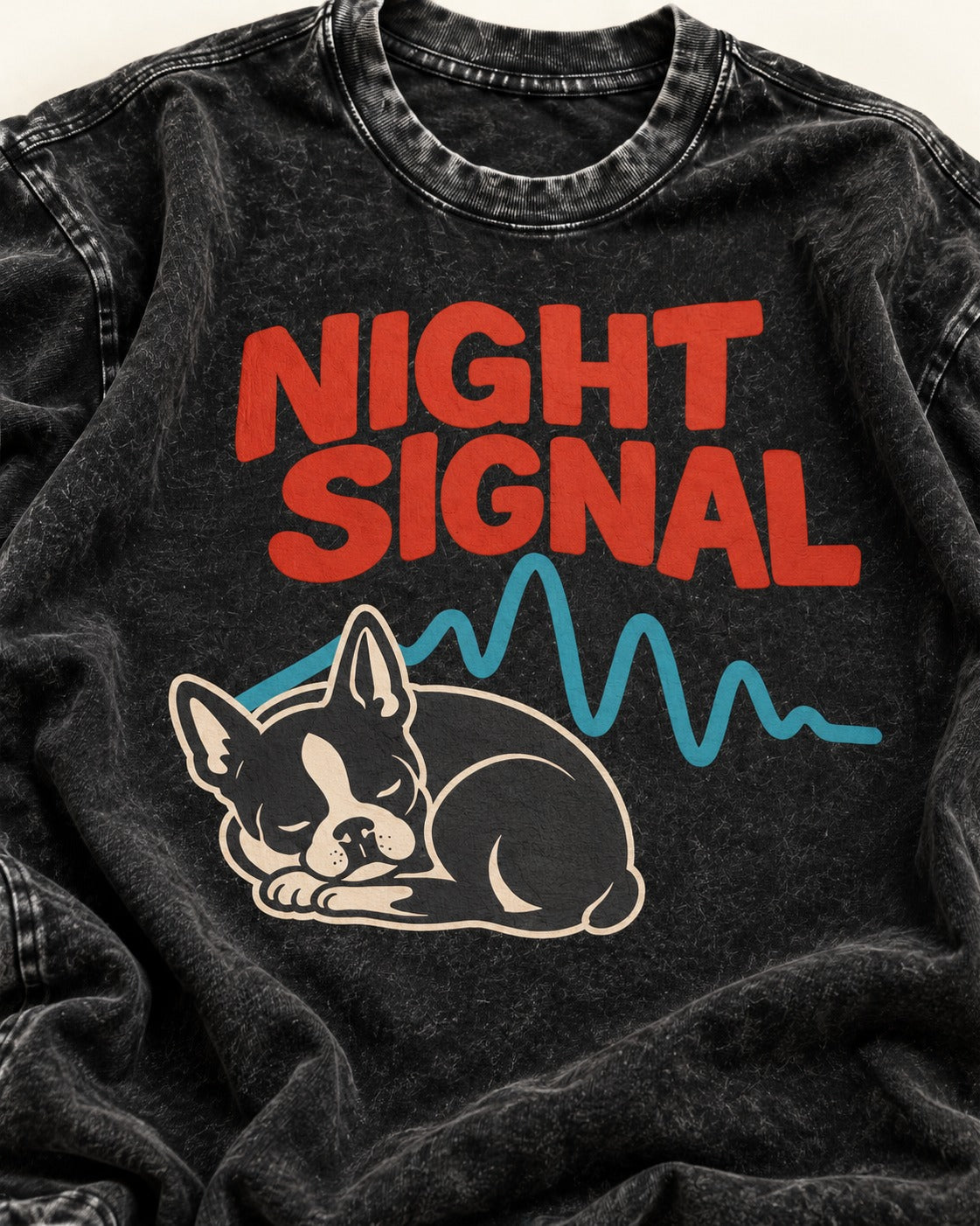Boston Terrier Sleeping Night Signal Washed Tee in Black, close-up of the graphic