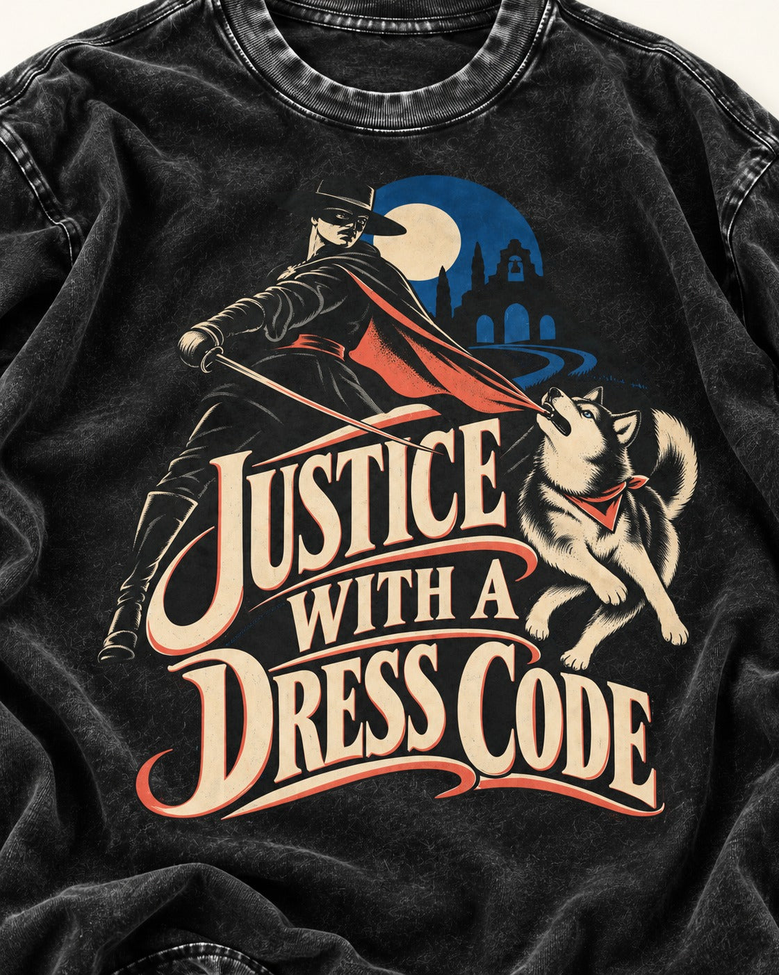 Husky Justice With A Dress Code Masked Swordsman Graphic Washed Tee in Black, close-up of the graphic
