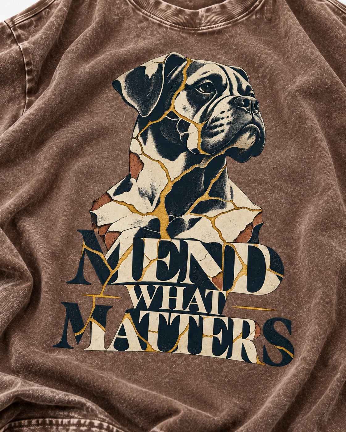 Mend What Matters Boxer Kintsugi Portrait Washed Tee in Coffee, close-up of the graphic