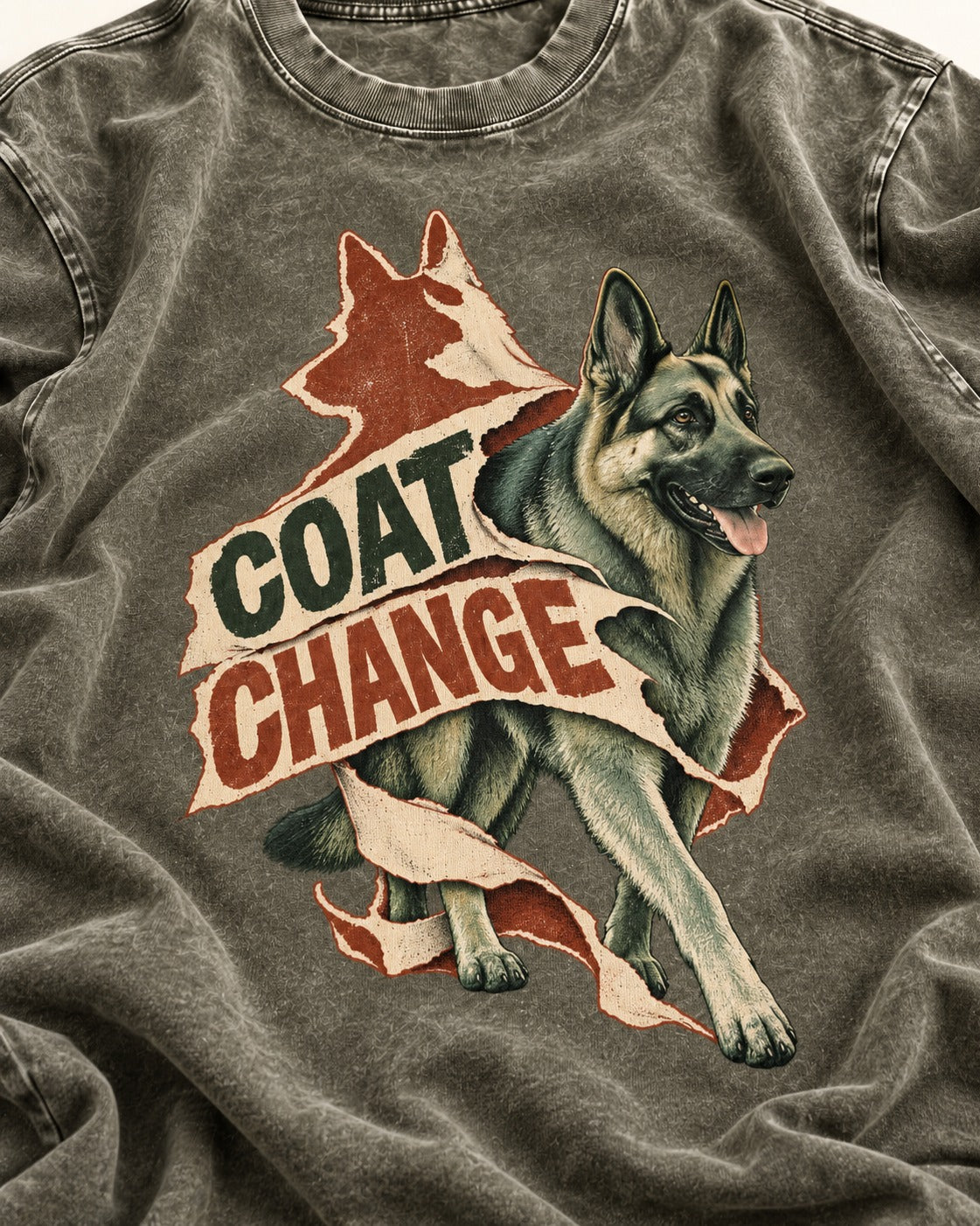 Coat Change Running German Shepherd Dog Ribbon Graphic Washed Tee in Army Green, close-up of the graphic