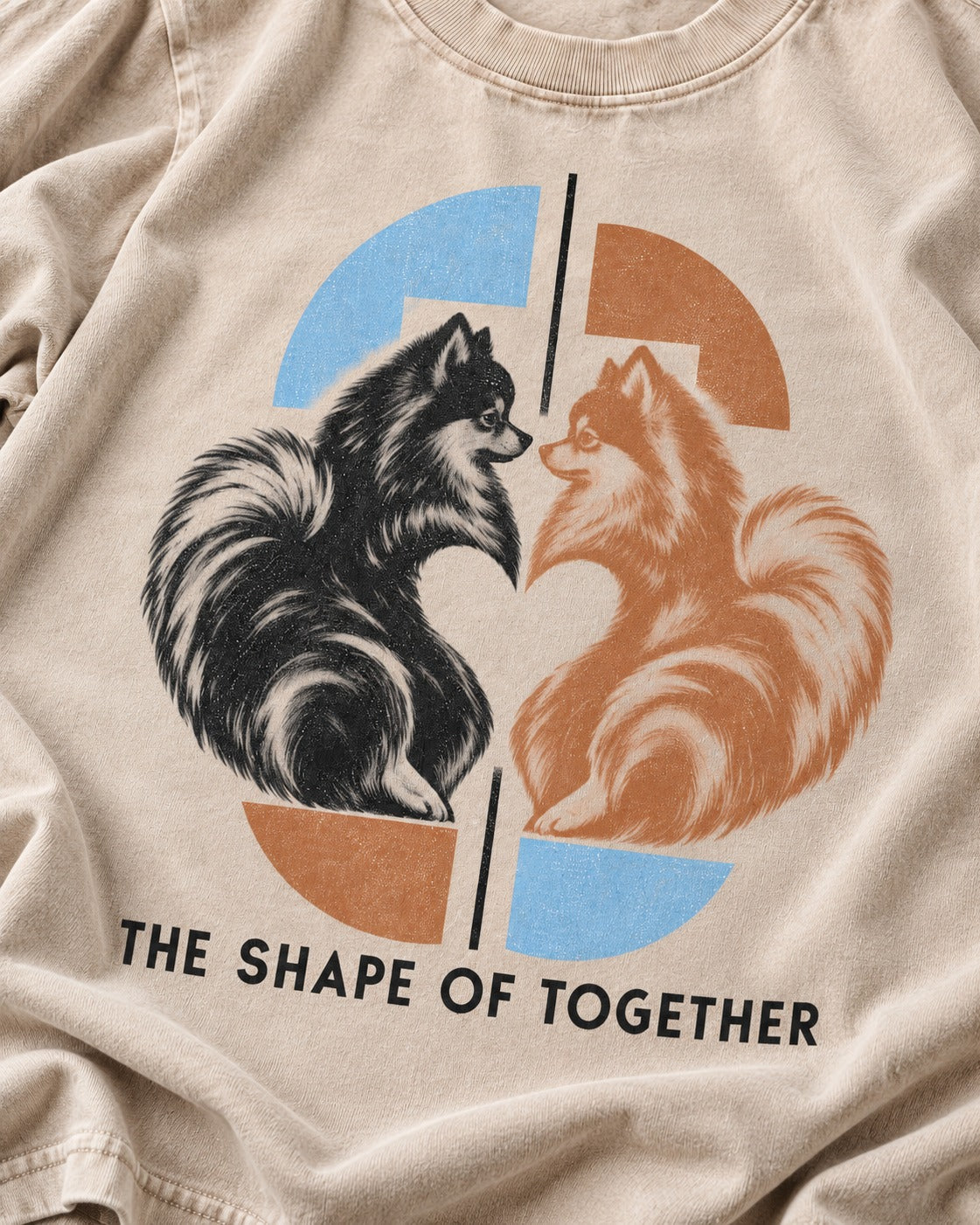 Pomeranian The Shape of Together Washed Tee in Apricot, close-up of the graphic