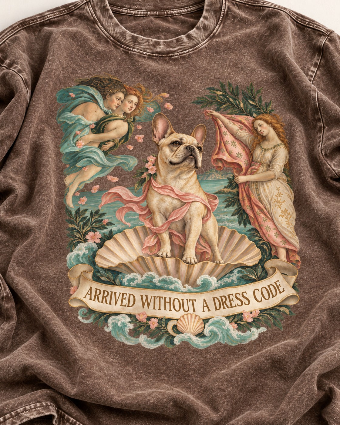 Frenchie Without a Dress Code Washed Tee in Coffee, close-up of the graphic