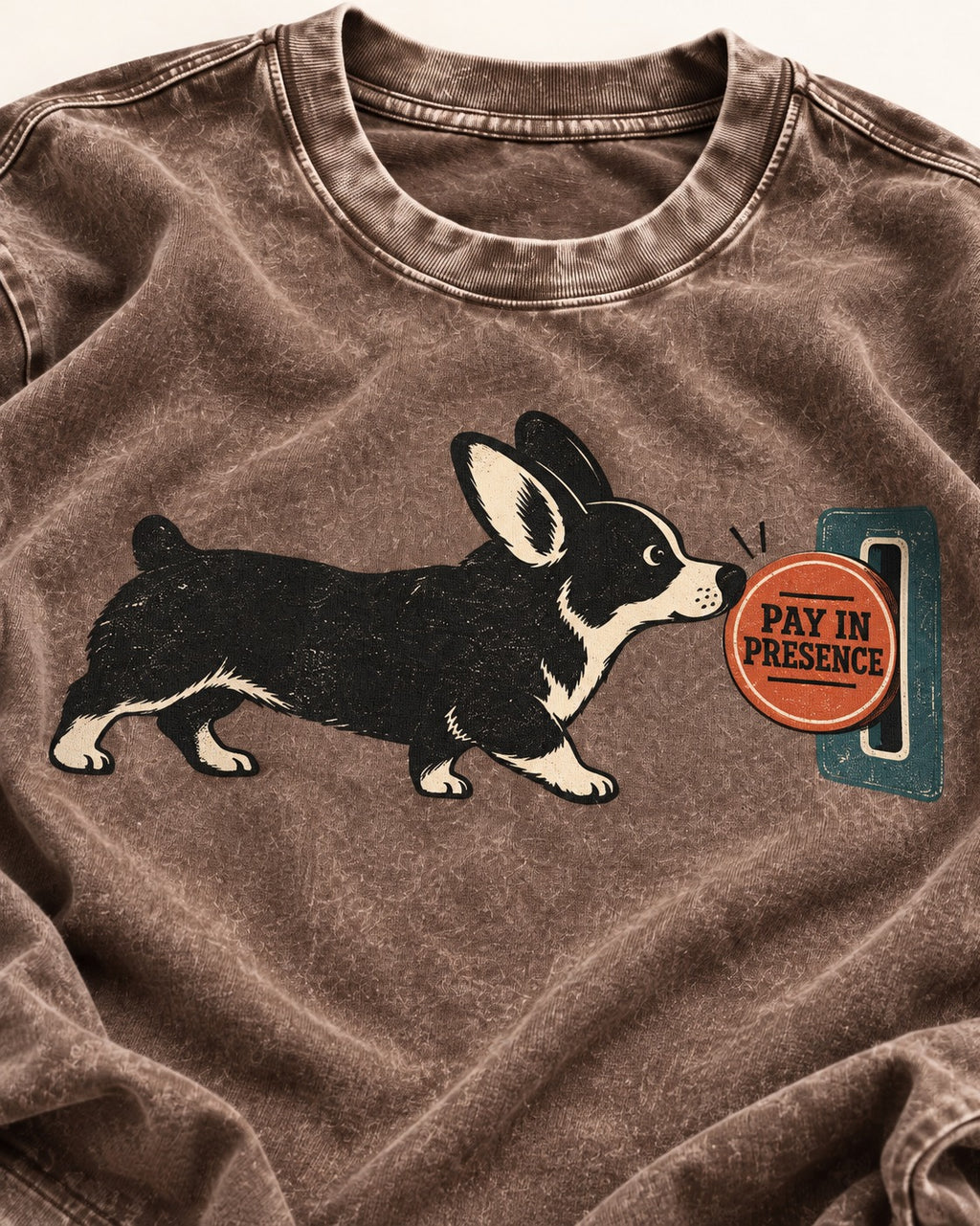Corgi Pay in Presence Washed Tee in Coffee, close-up of the graphic