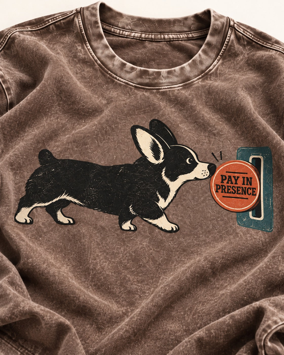 Corgi Pay in Presence Washed Tee in Coffee, close-up of the graphic