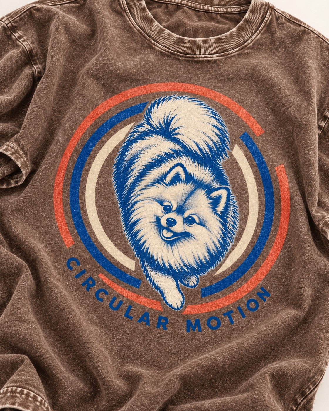 Pomeranian Circular Motion Washed Tee in Coffee, close-up of the graphic