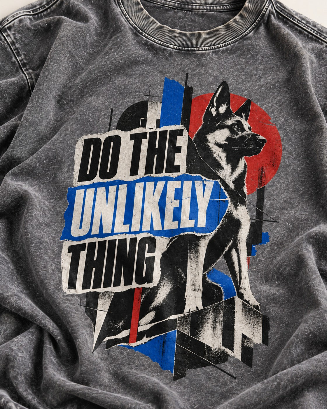 Do The Unlikely Thing Torn Poster German Shepherd Dog Graphic Washed Tee in Gray, close-up of the graphic
