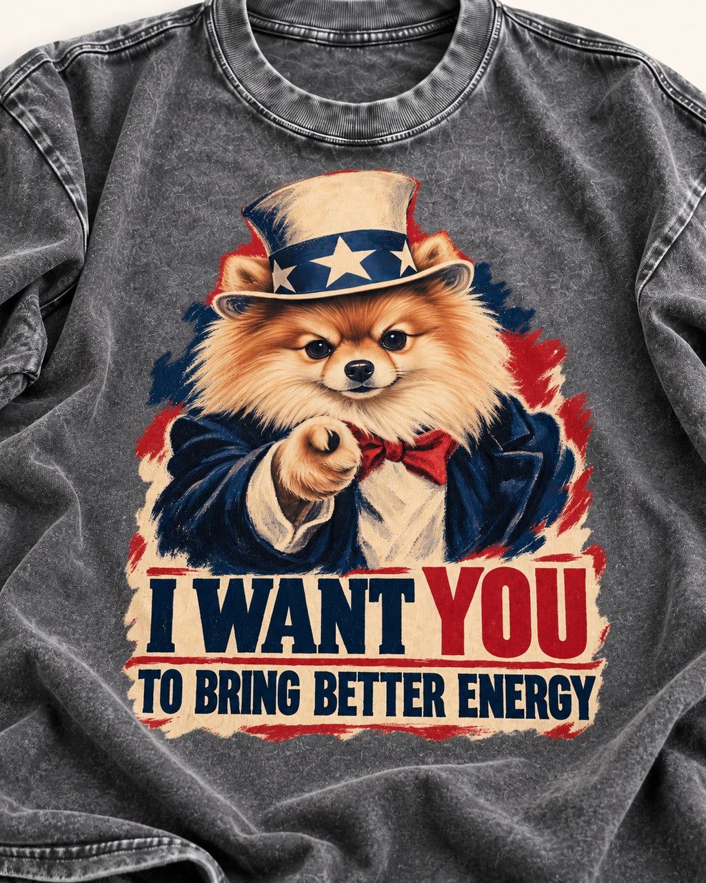 Pomeranian I Want You to Bring Better Energy Uncle Sam Graphic Washed Tee in Gray, close-up of the graphic
