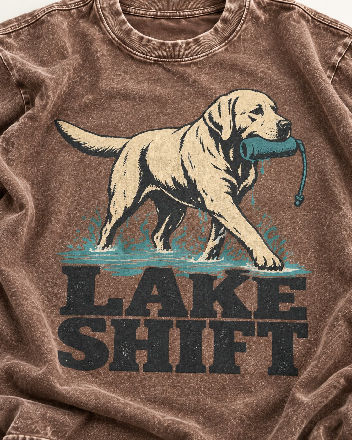 Lake Shift Labrador Retriever Washed Tee in Coffee, close-up of the graphic