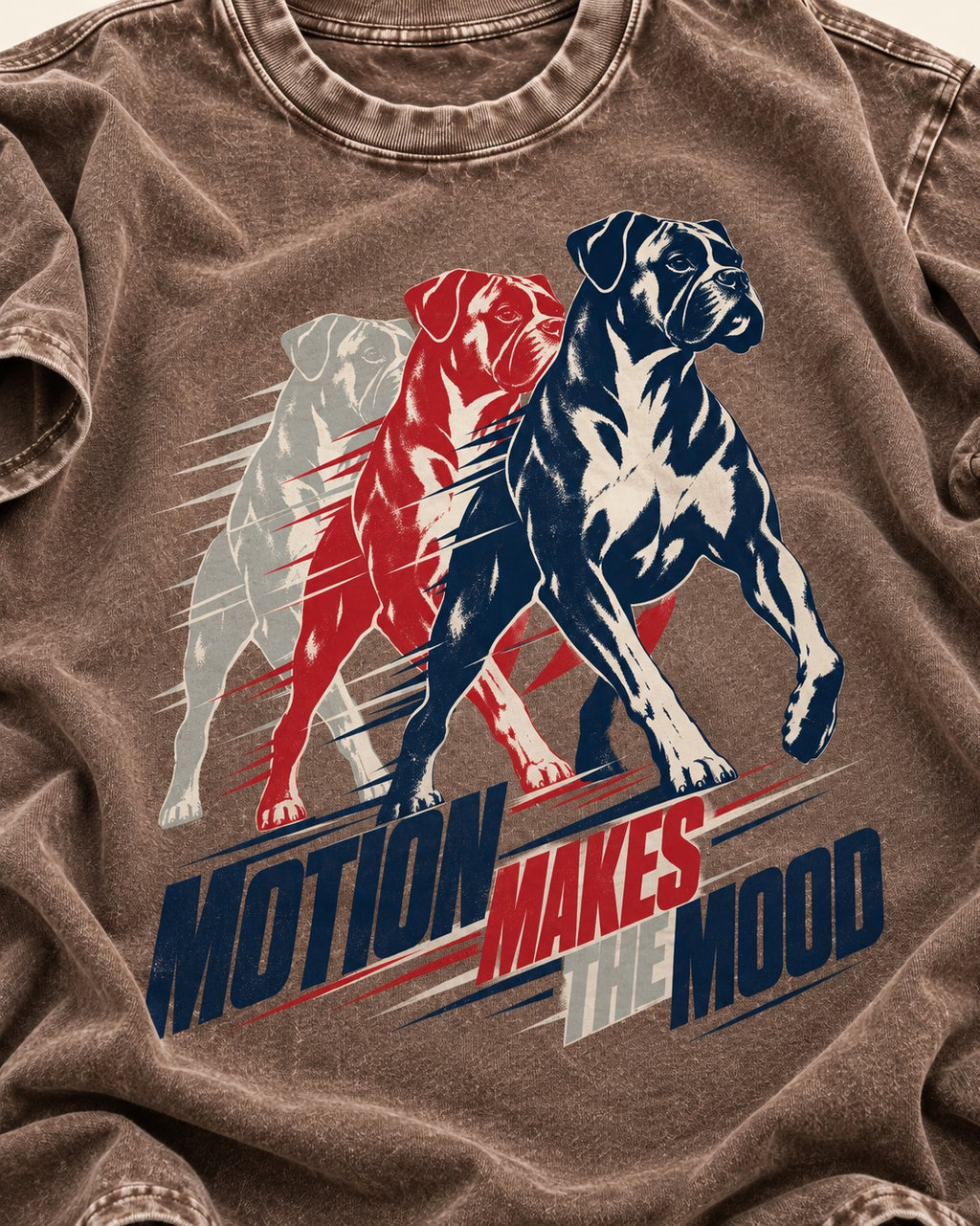 Boxer Motion Makes the Mood Washed Tee in Coffee, close-up of the graphic