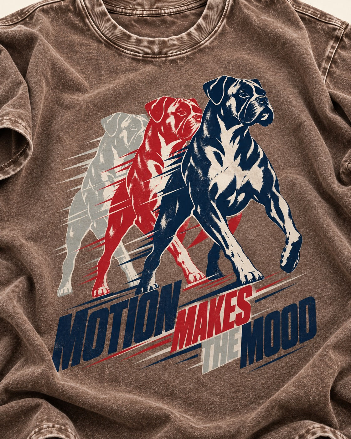 Boxer Motion Makes the Mood Washed Tee in Coffee, close-up of the graphic