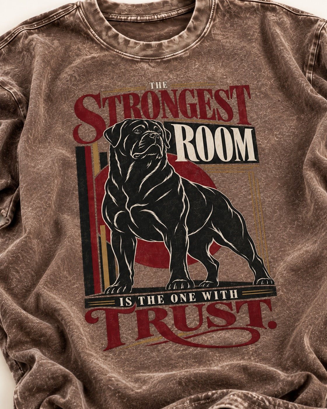 Rottweiler Trust Washed Tee in Coffee, close-up of the graphic