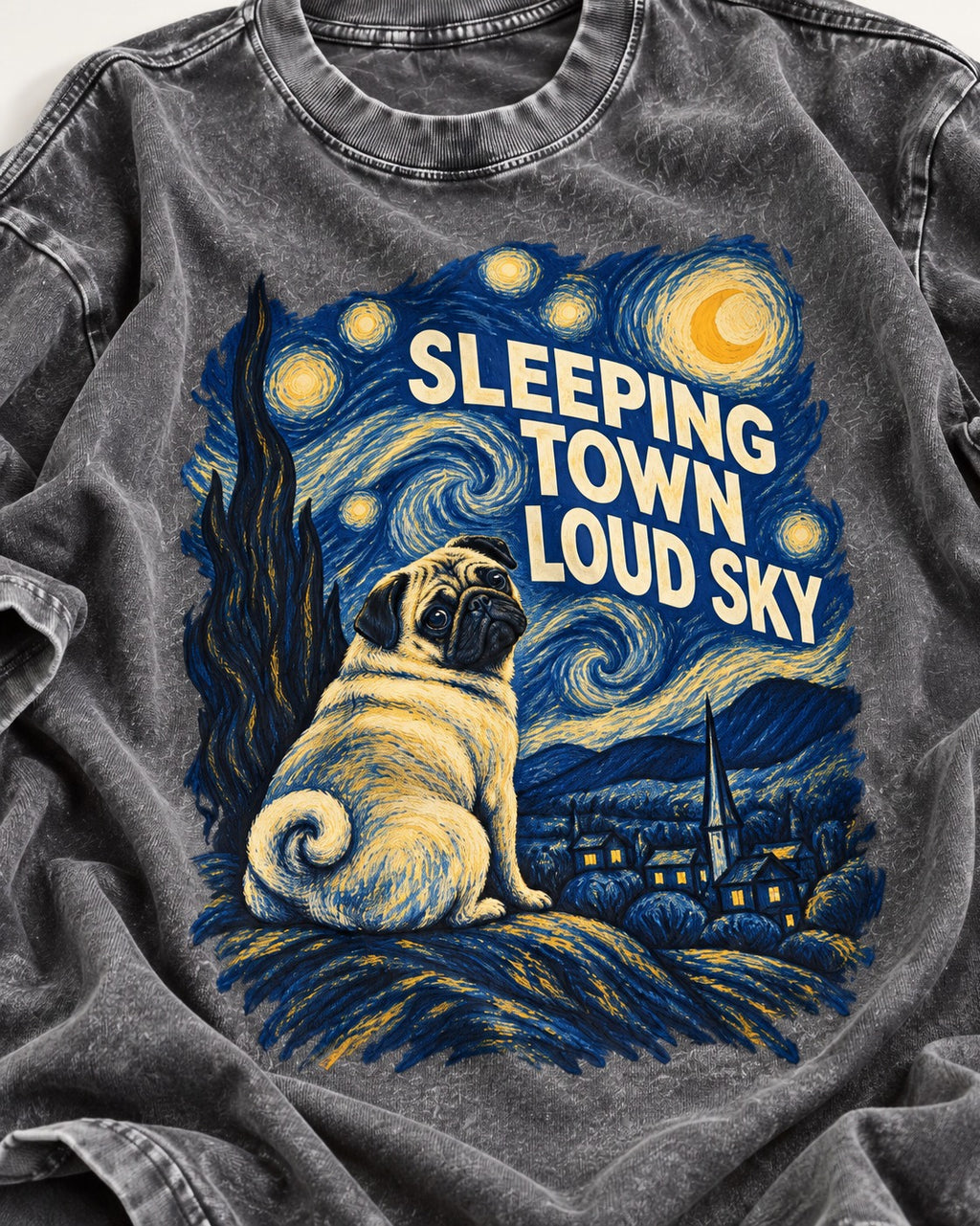 Pug Sleeping Town Loud Sky Starry Night Graphic Washed Tee in Gray, close-up of the graphic