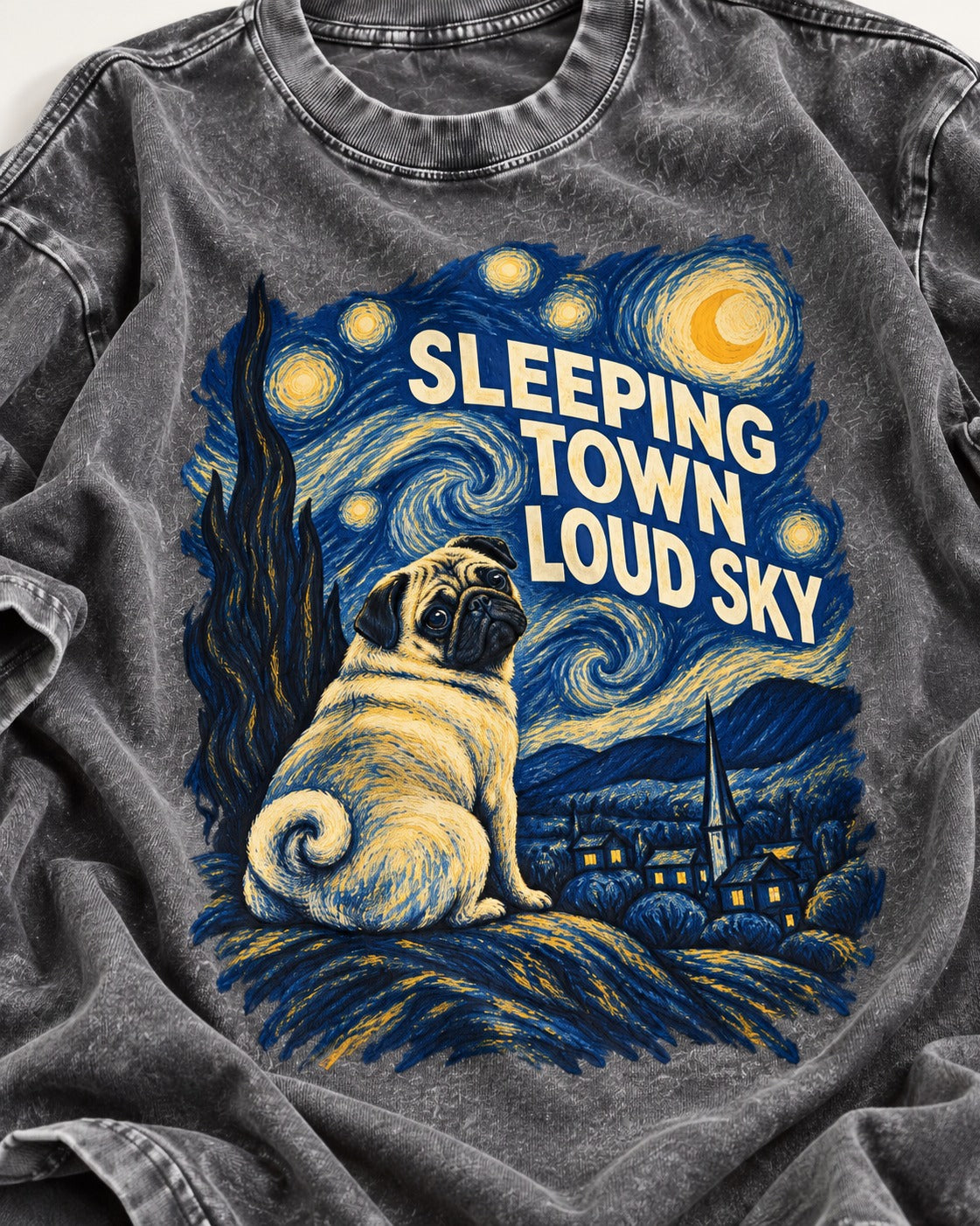 Pug Sleeping Town Loud Sky Starry Night Graphic Washed Tee in Gray, close-up of the graphic