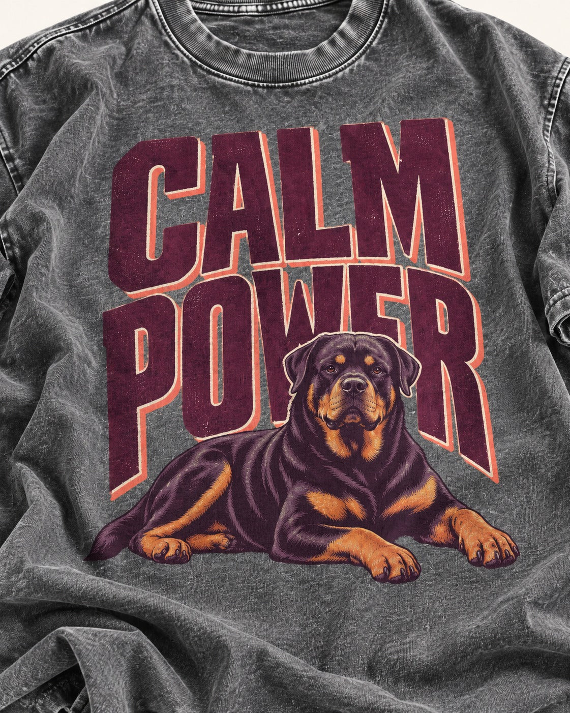Rottweiler Calm Power Resting Dog Graphic Washed Tee in Gray, close-up of the graphic