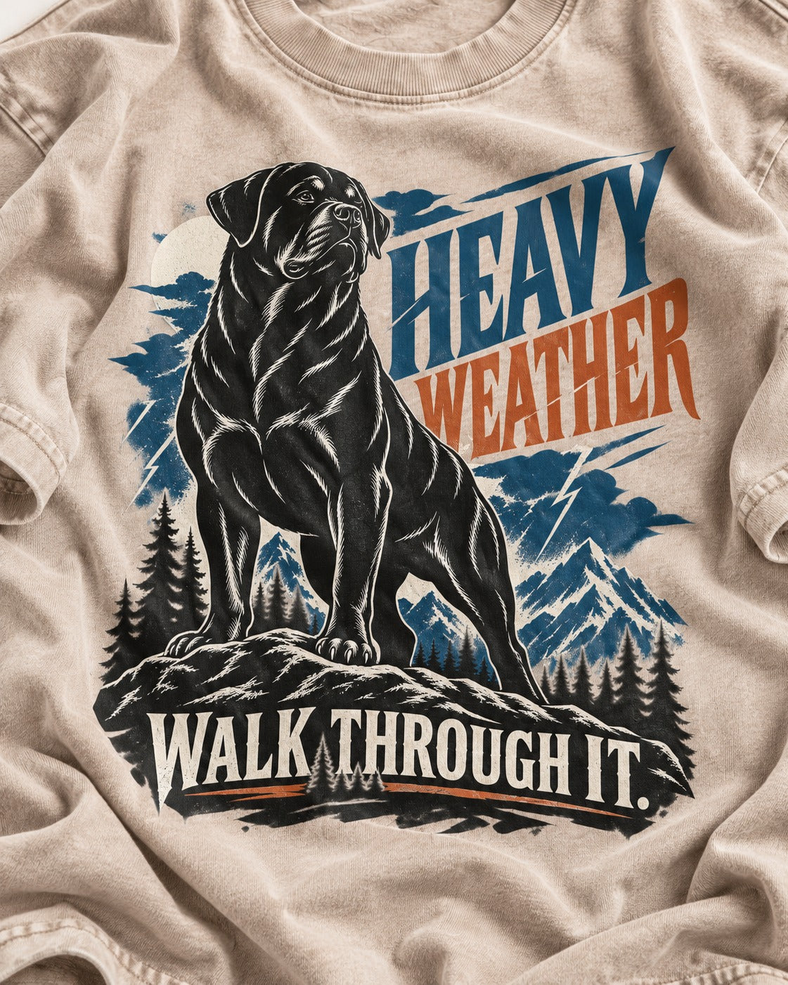 Heavy Weather Rottweiler Washed Tee in Apricot, close-up of the graphic