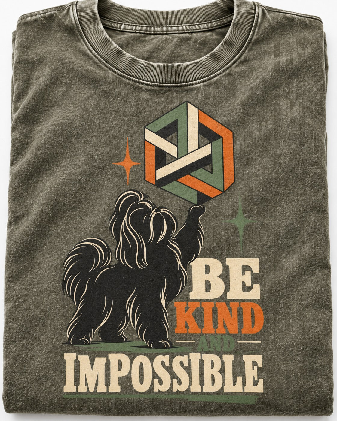 Shih Tzu Be Kind and Impossible Geometric Cube Graphic Washed Tee in Army Green, close-up of the graphic