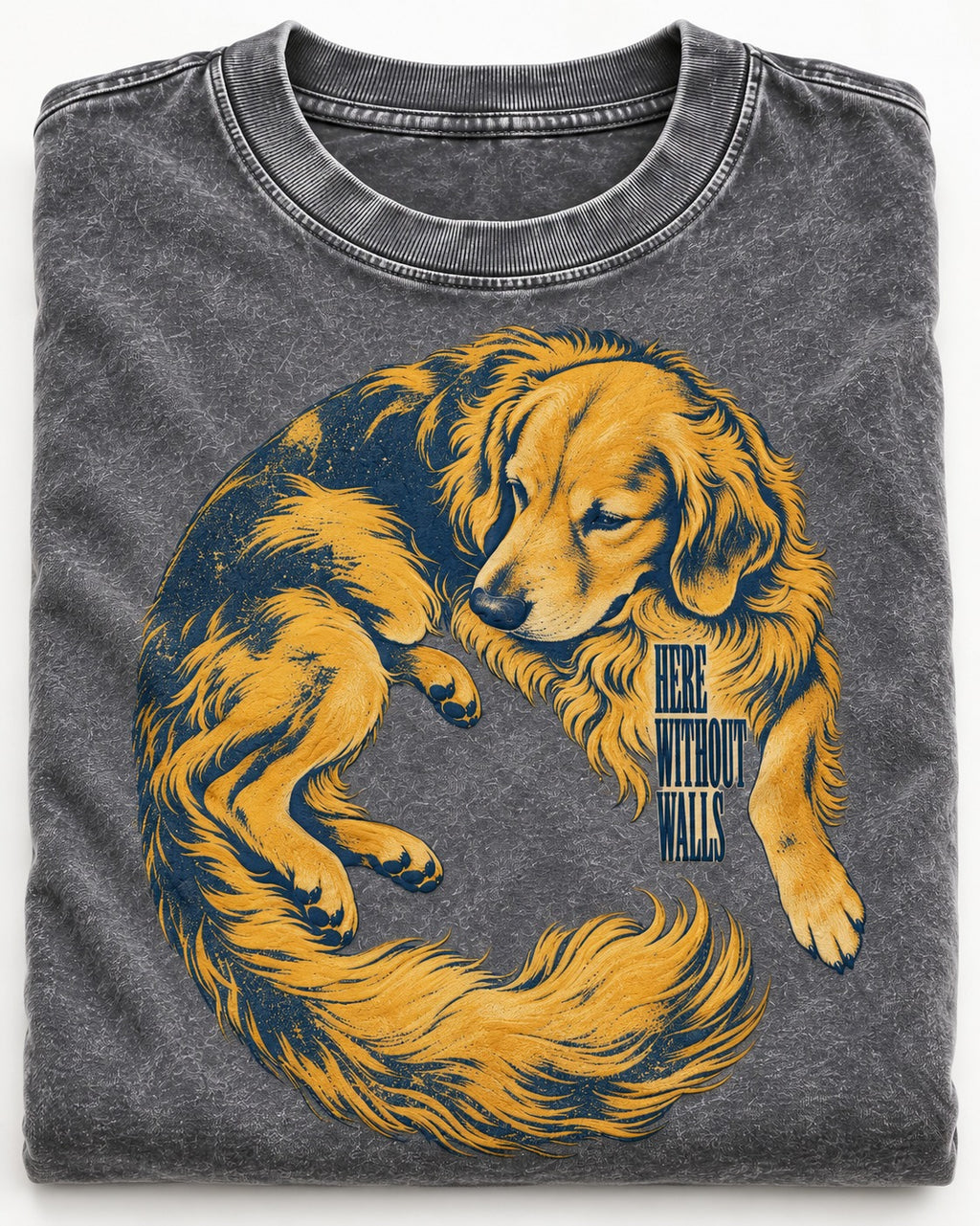 Golden Retriever Here Without Walls Curled Portrait Graphic Washed Tee in Gray, close-up of the graphic