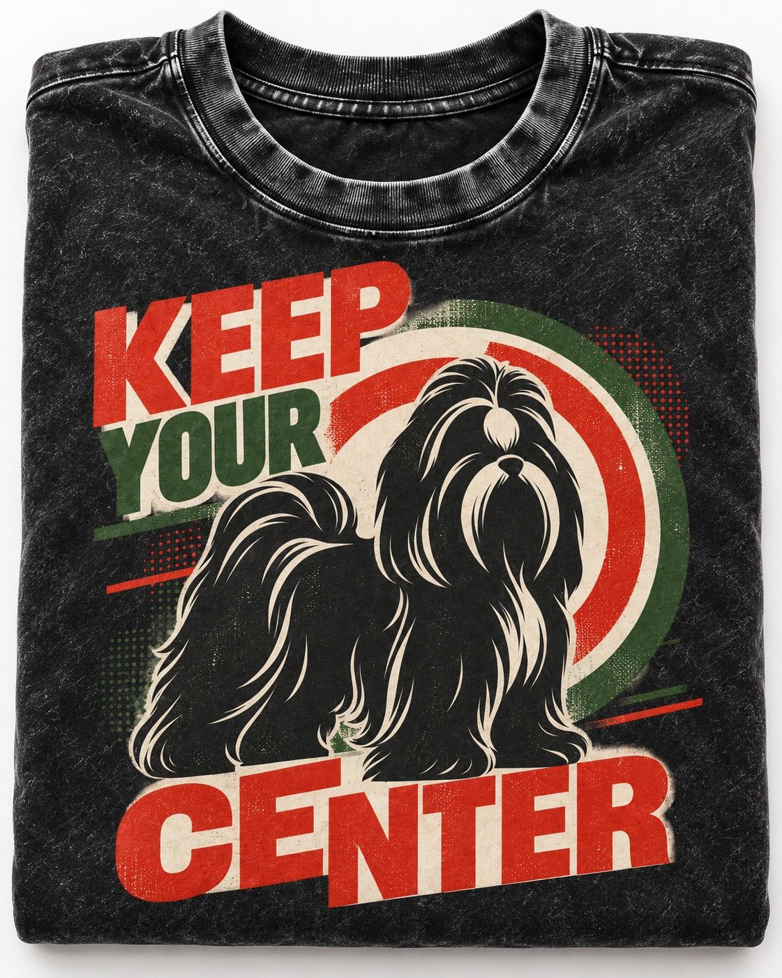 Shih Tzu Keep Your Center Retro Target Graphic Washed Tee in Black, close-up of the graphic