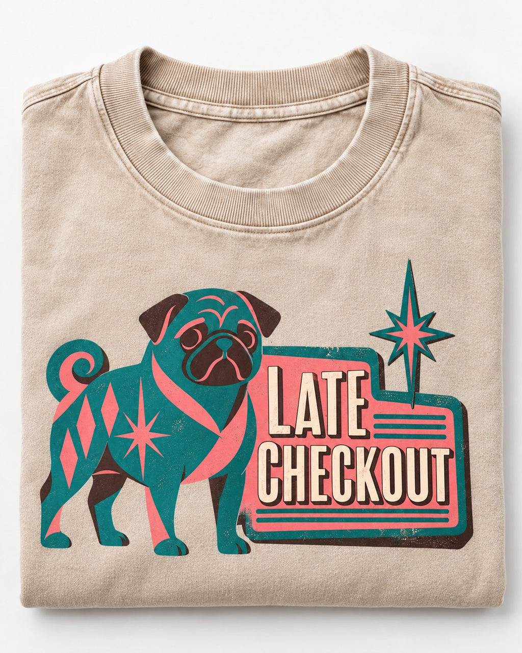 Pug's Late Checkout Washed Tee in Apricot, close-up of the graphic
