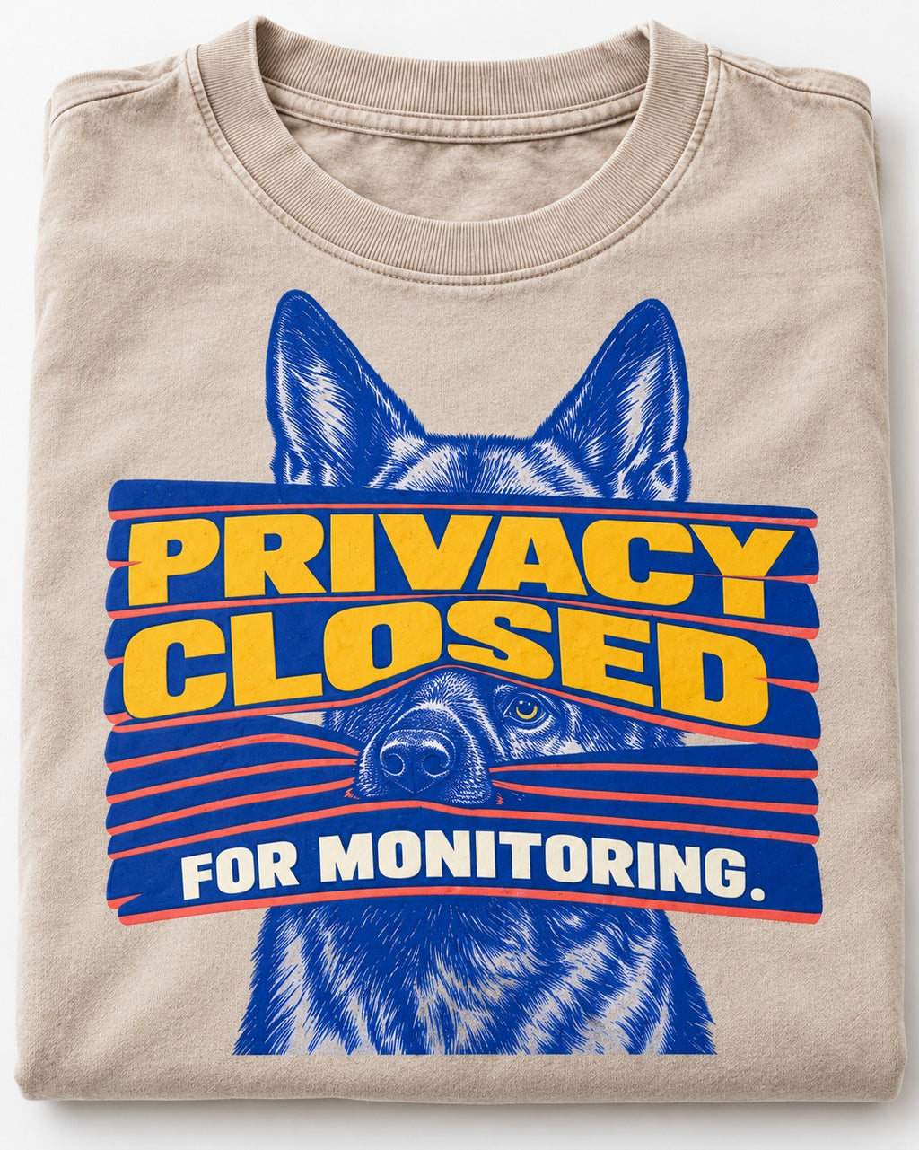 German Shepherd Dog Privacy Closed for Monitoring Washed Tee in Apricot, close-up of the graphic