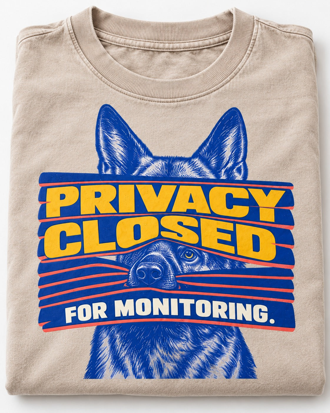 German Shepherd Dog Privacy Closed for Monitoring Washed Tee in Apricot, close-up of the graphic