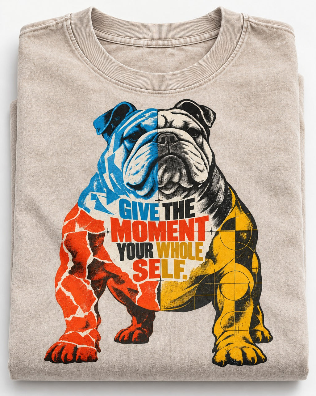 English Bulldog Give Your Whole Self Washed Tee in Apricot, close-up of the graphic