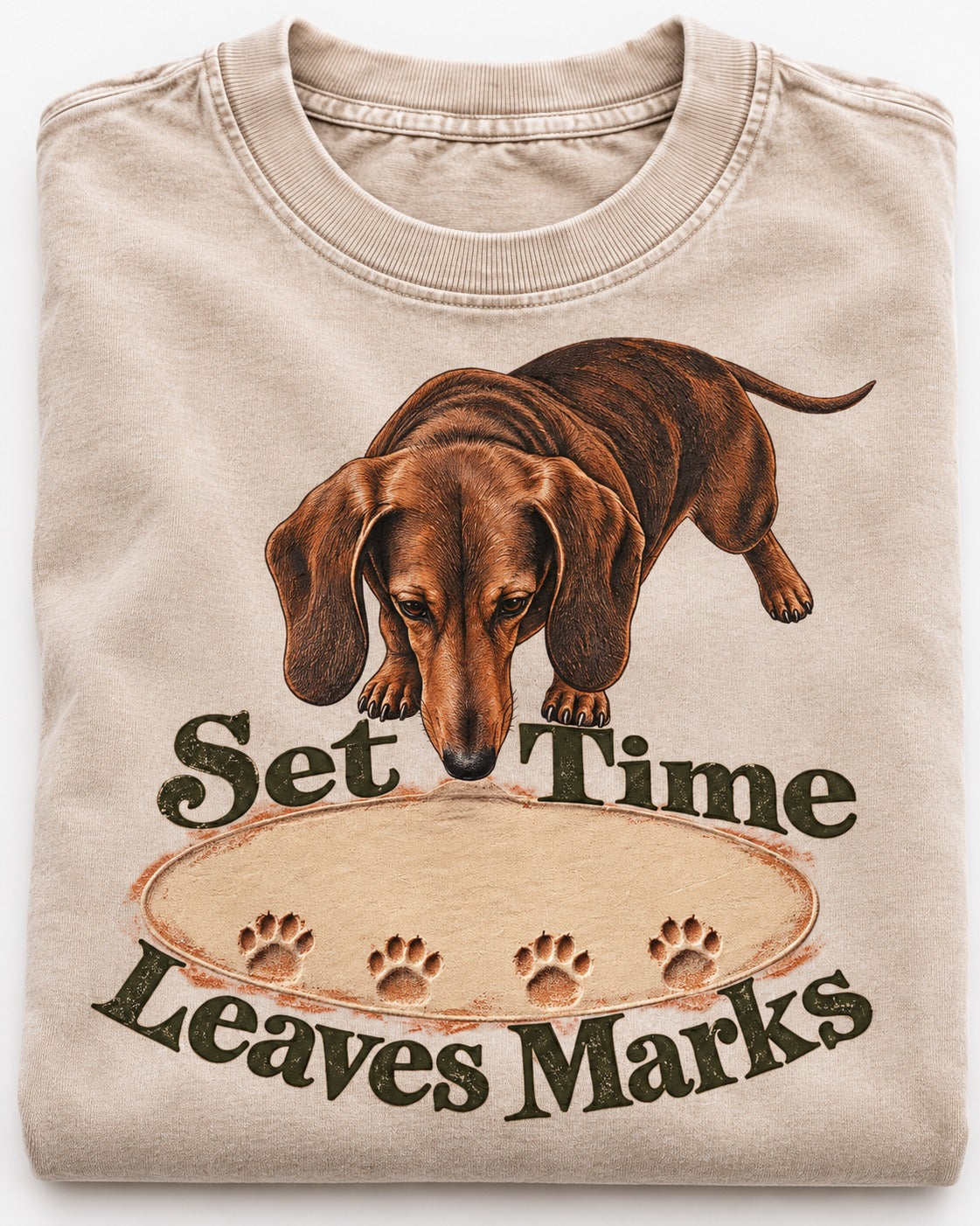 Dachshund Time Leaves Marks Washed Tee in Apricot, close-up of the graphic