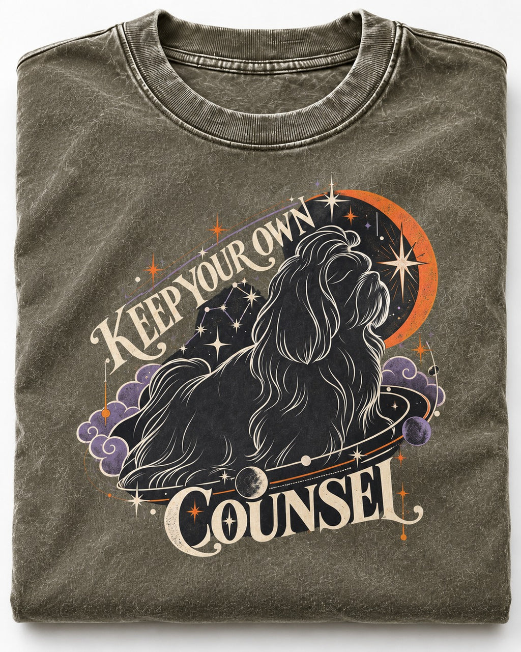 Shih Tzu Keep Your Own Counsel Celestial Graphic Washed Tee in Army Green, close-up of the graphic