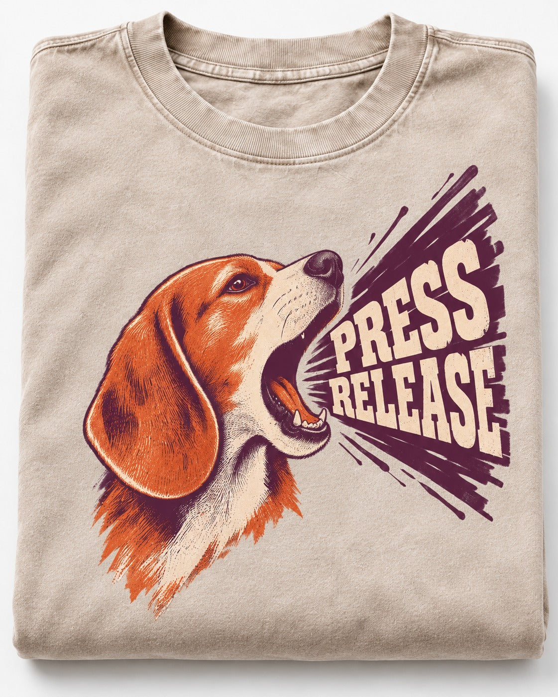 Beagle Press Release Washed Tee in Apricot, close-up of the graphic