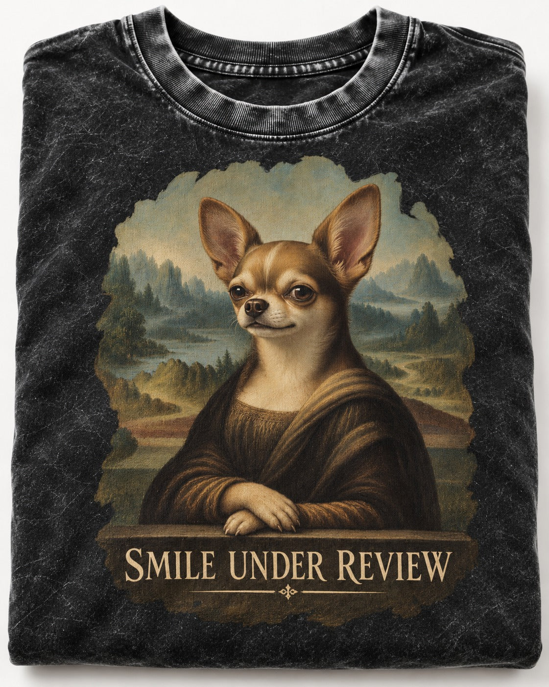 Chihuahua Smile Under Review Mona Lisa Portrait Washed Tee in Black, close-up of the graphic