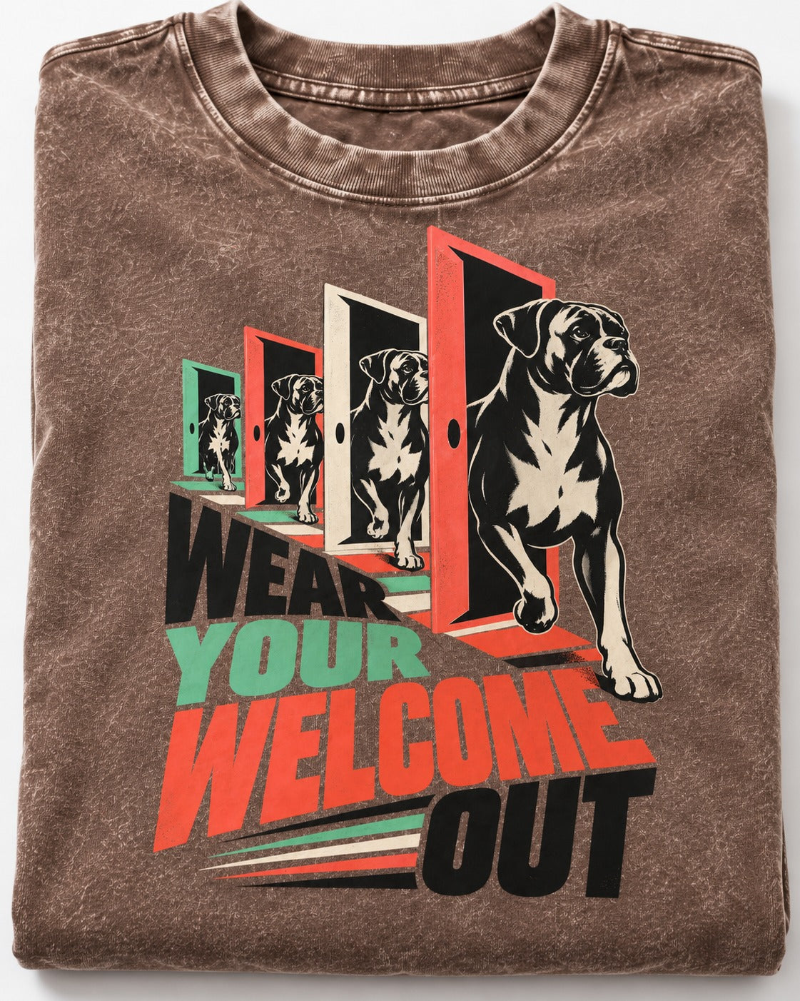 Wear Your Welcome Out Boxer Doorway Progression Graphic Washed Tee in Coffee, close-up of the graphic
