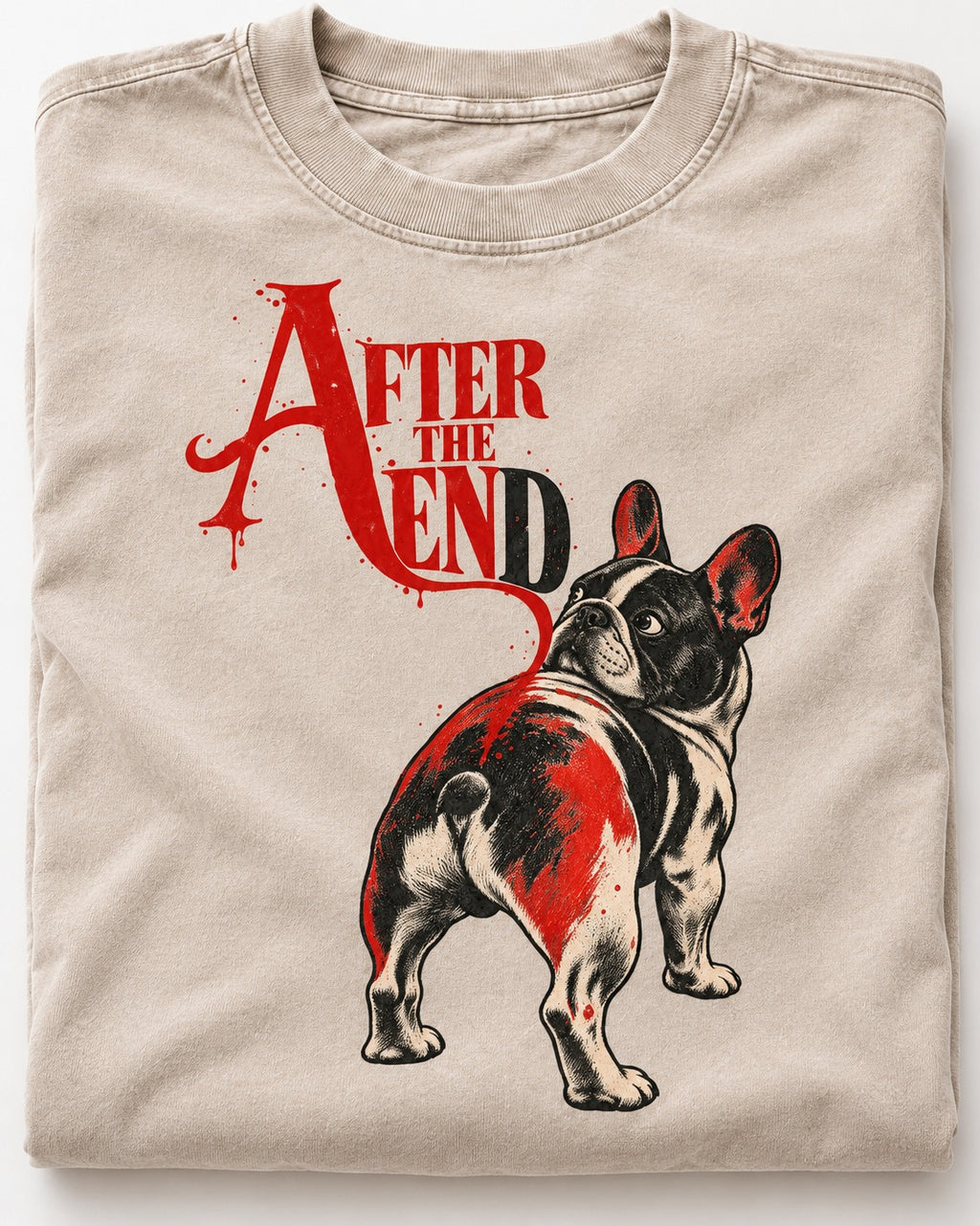 Frenchie After the End Washed Tee in Apricot, close-up of the graphic