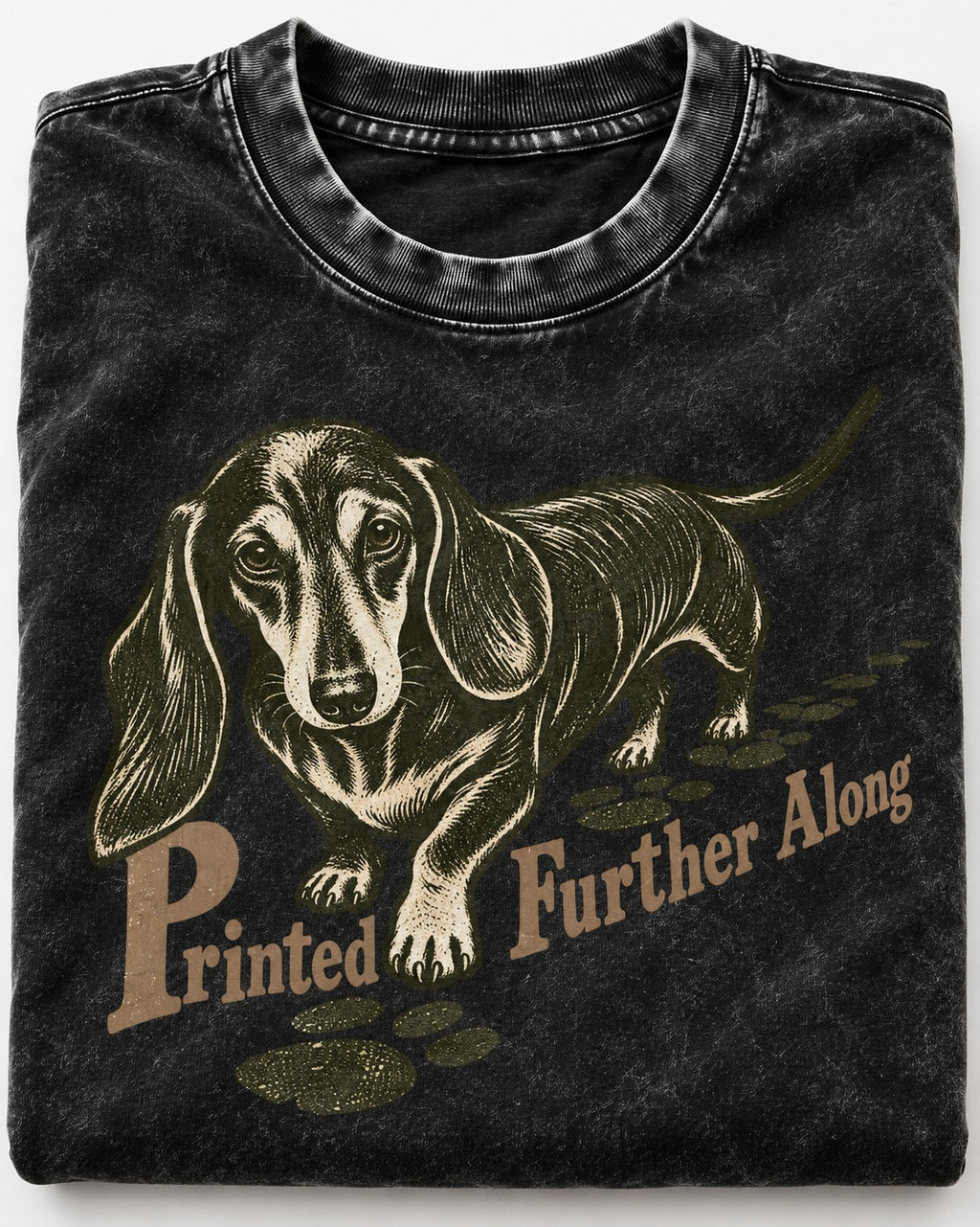 Dachshund Printed Further Along Footprint Graphic Washed Tee in Black, close-up of the graphic
