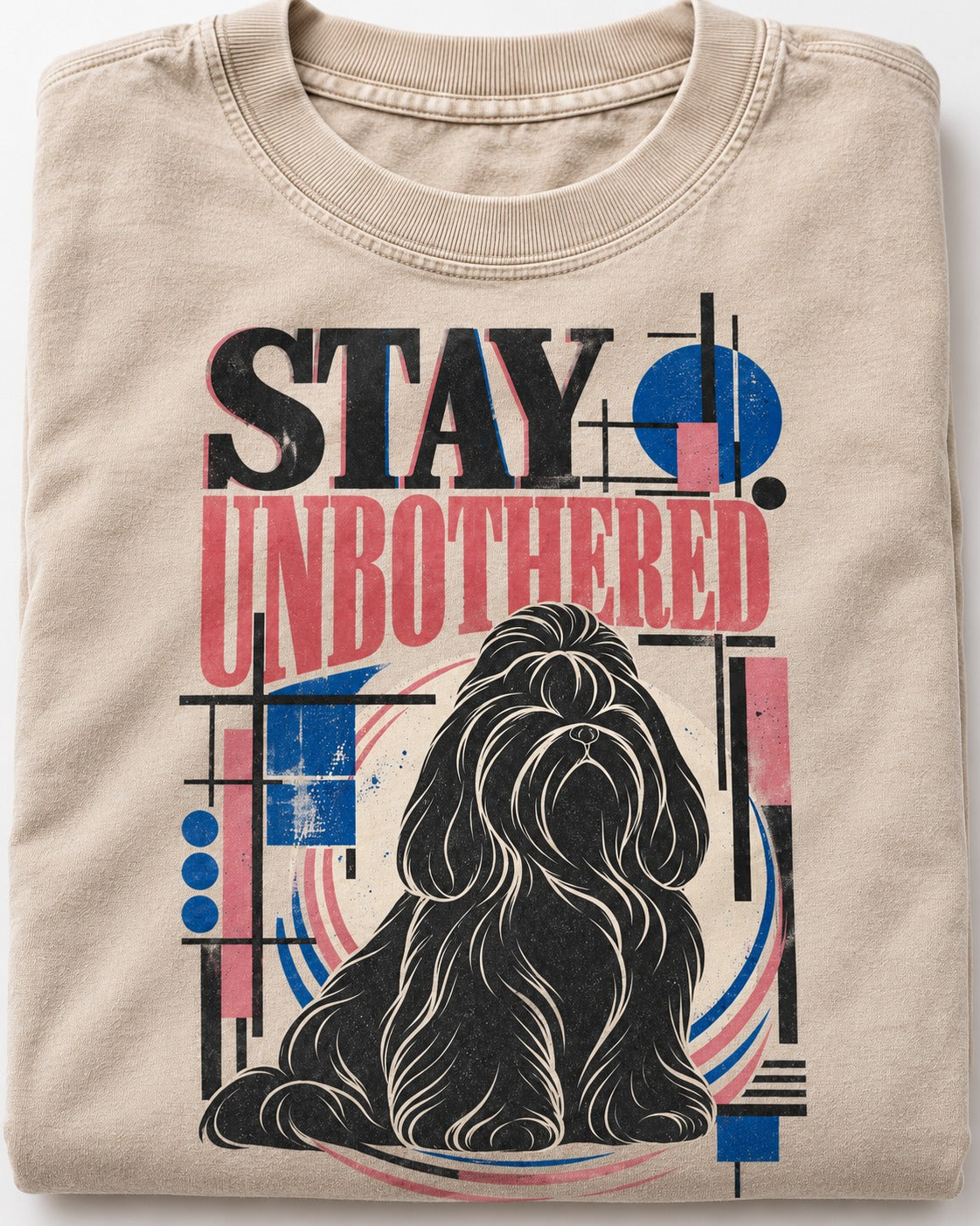Stay Unbothered Shih Tzu Washed Tee in Apricot, close-up of the graphic