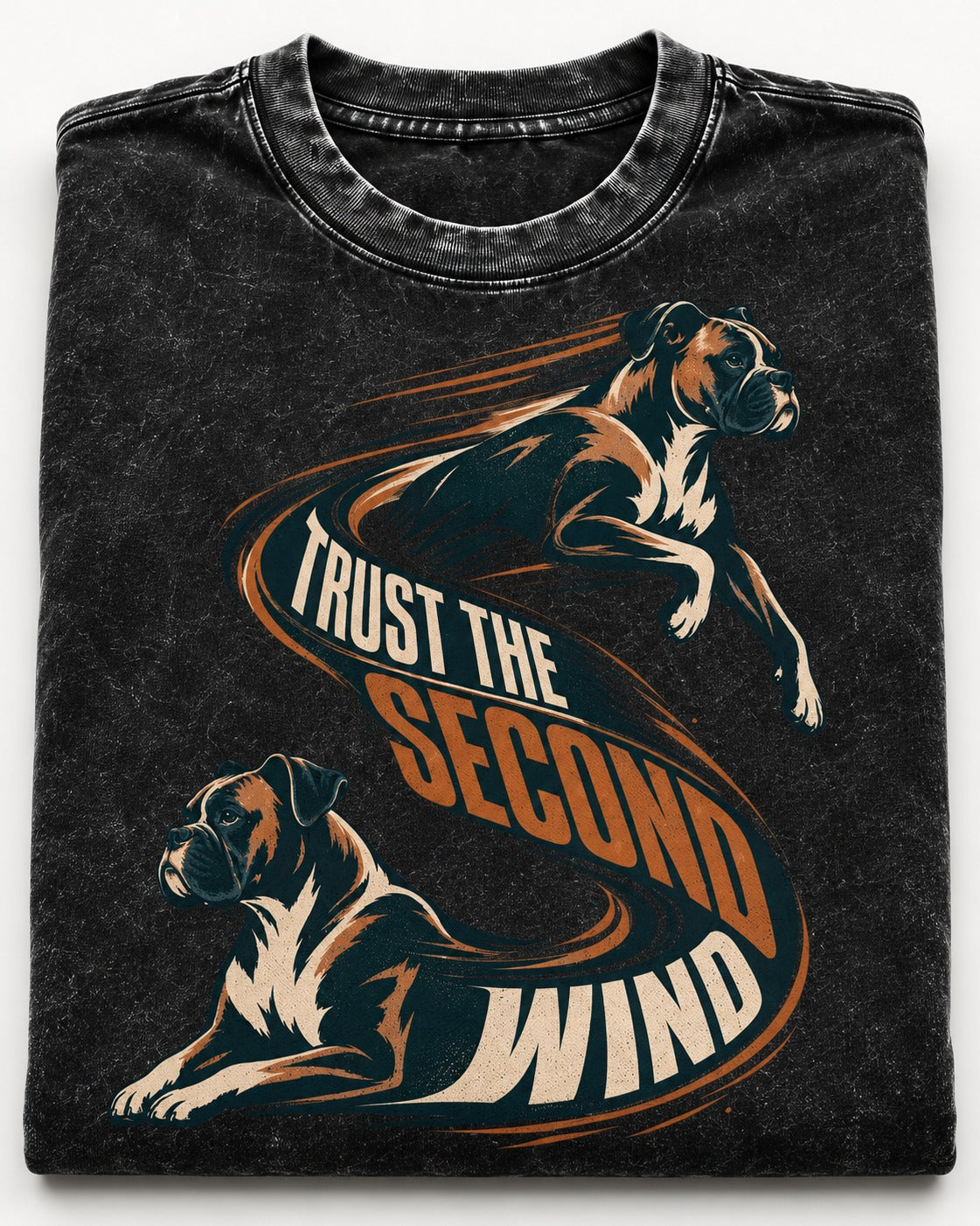 Trust the Second Wind Boxer Motion Graphic Washed Tee in Black, close-up of the graphic