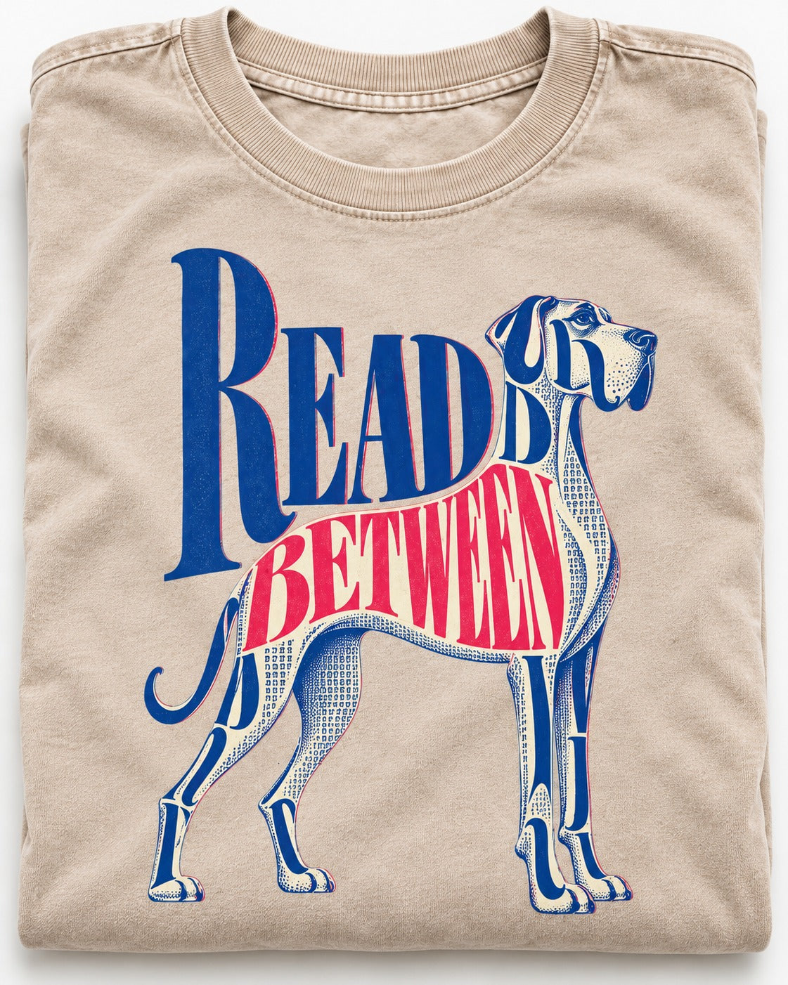 Read Between the Lines Great Dane Washed Tee in Apricot, close-up of the graphic