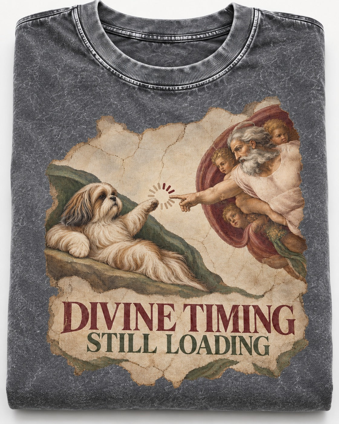 Shih Tzu Divine Timing Still Loading Renaissance Parody Graphic Washed Tee in Gray, close-up of the graphic