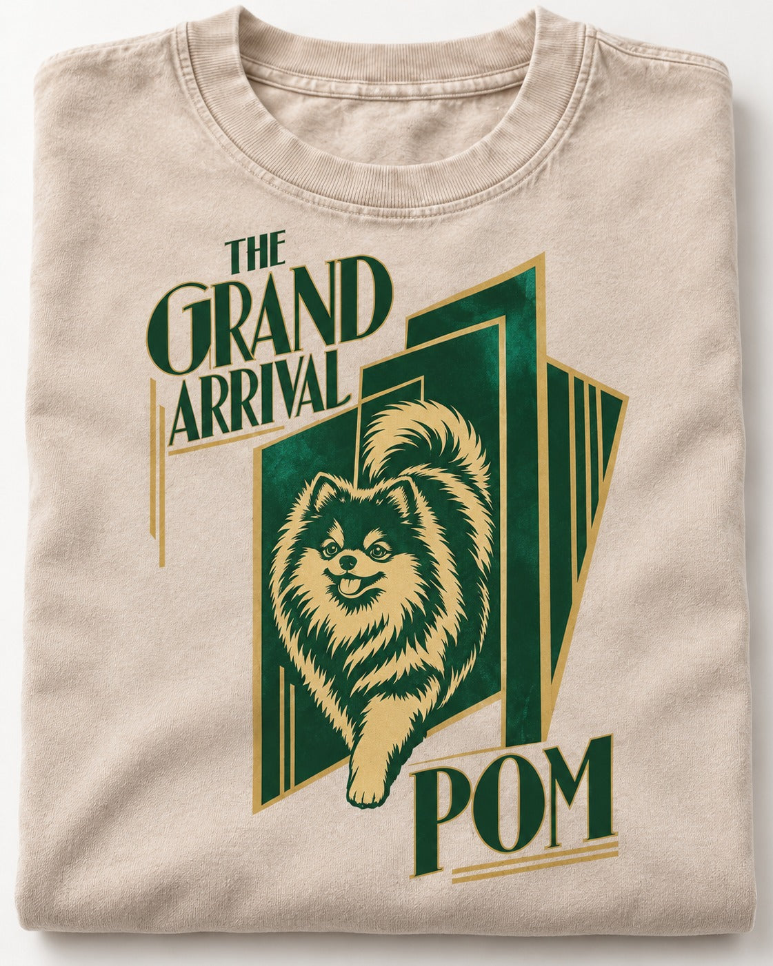The Grand Arrival Pomeranian Washed Tee in Apricot, close-up of the graphic