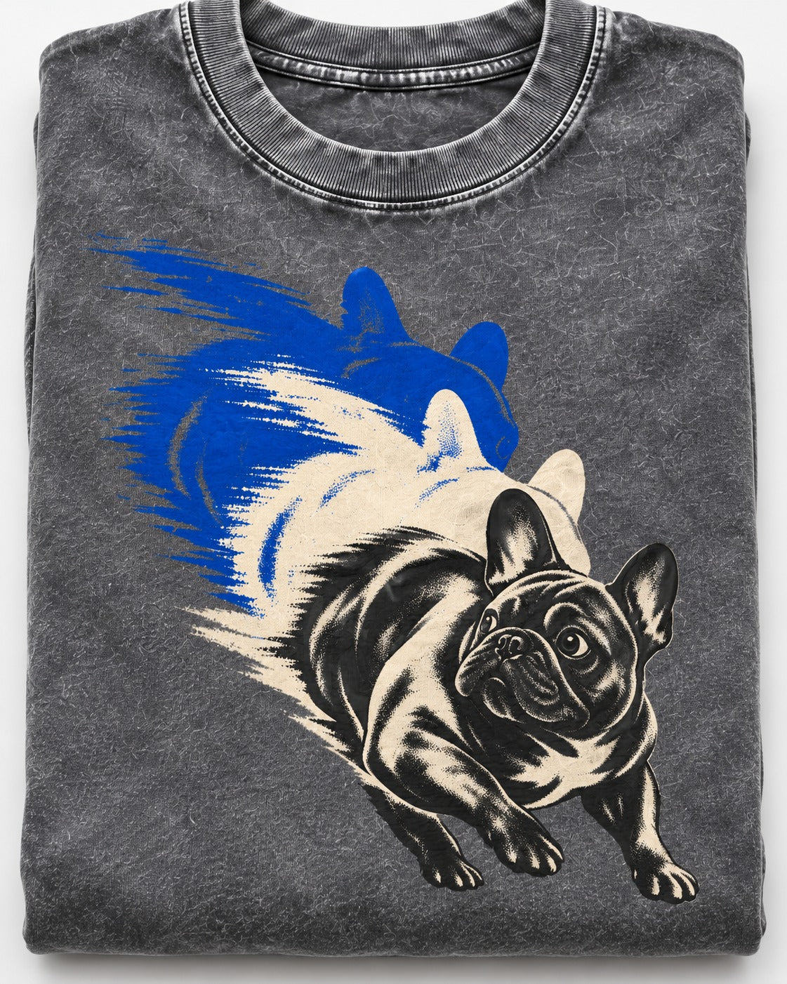 Frenchie Blue Brush Zoomie Graphic Washed Tee in Gray, close-up of the graphic