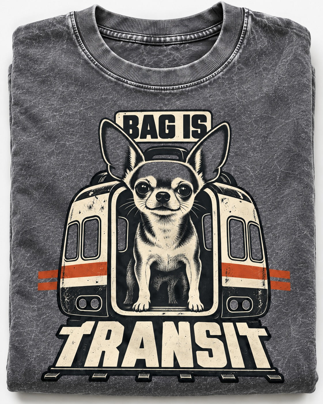 Chihuahua Bag Is Transit Train Front Graphic Washed Tee in Gray, close-up of the graphic
