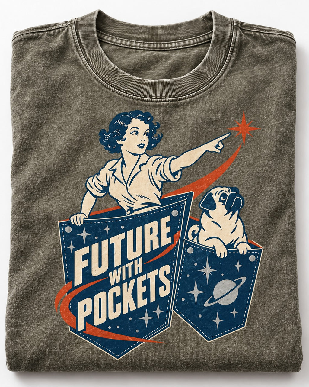 Pug Future with Pockets Space Pocket Graphic Washed Tee in Army Green, close-up of the graphic