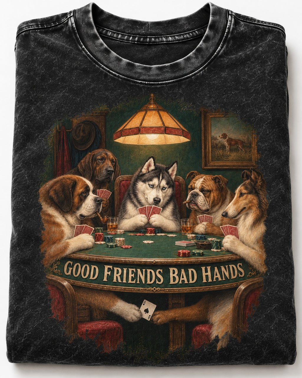 Husky Good Friends Bad Hands Poker Night Graphic Washed Tee in Black, close-up of the graphic