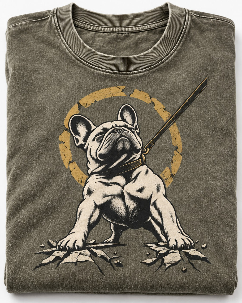 Frenchie Stubborn Leash Monument Graphic Washed Tee in Army Green, close-up of the graphic
