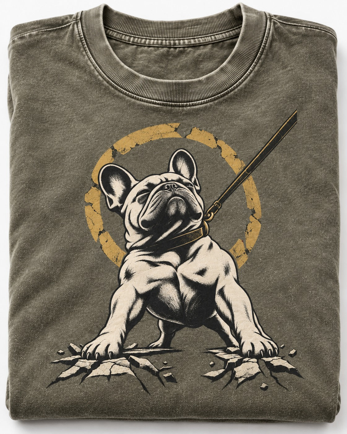 Frenchie Stubborn Leash Monument Graphic Washed Tee in Army Green, close-up of the graphic