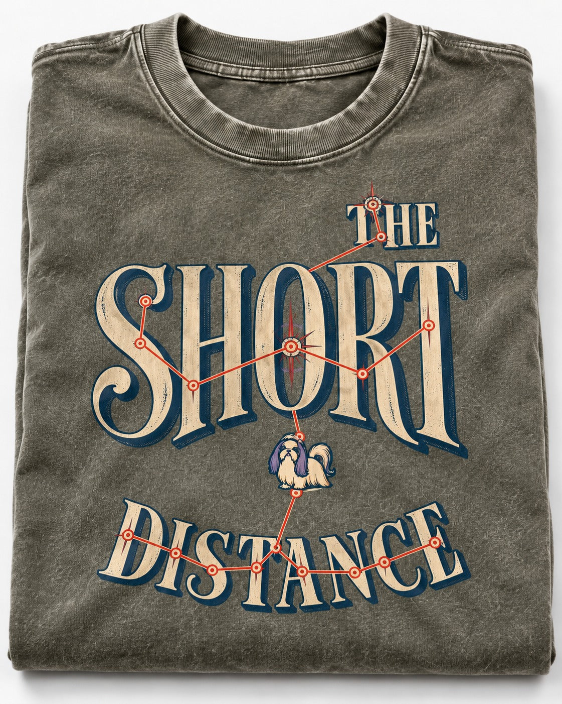 Shih Tzu The Short Distance Route Graphic Washed Tee in Army Green, close-up of the graphic