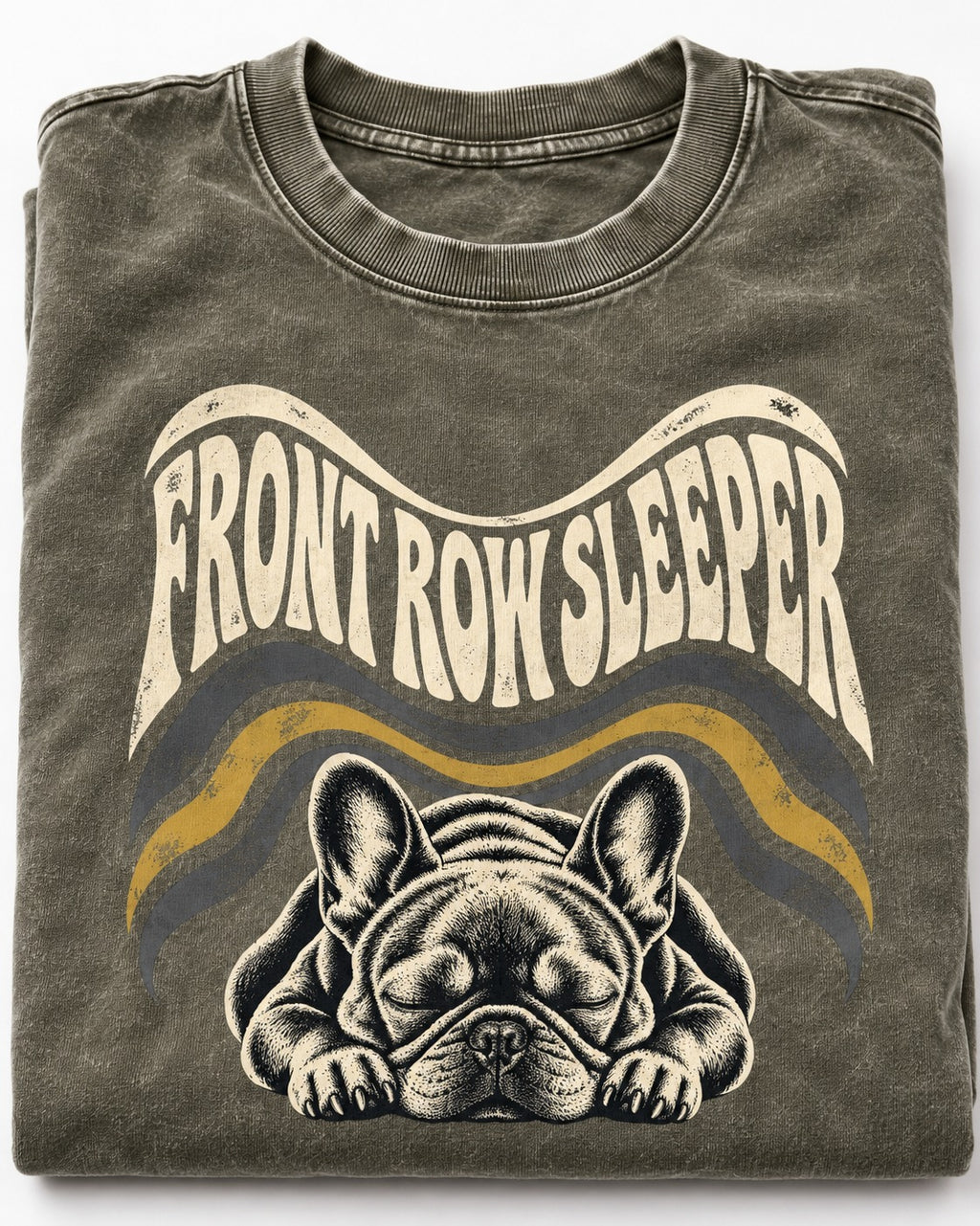 Frenchie Front Row Sleeper Retro Graphic Washed Tee in Army Green, close-up of the graphic