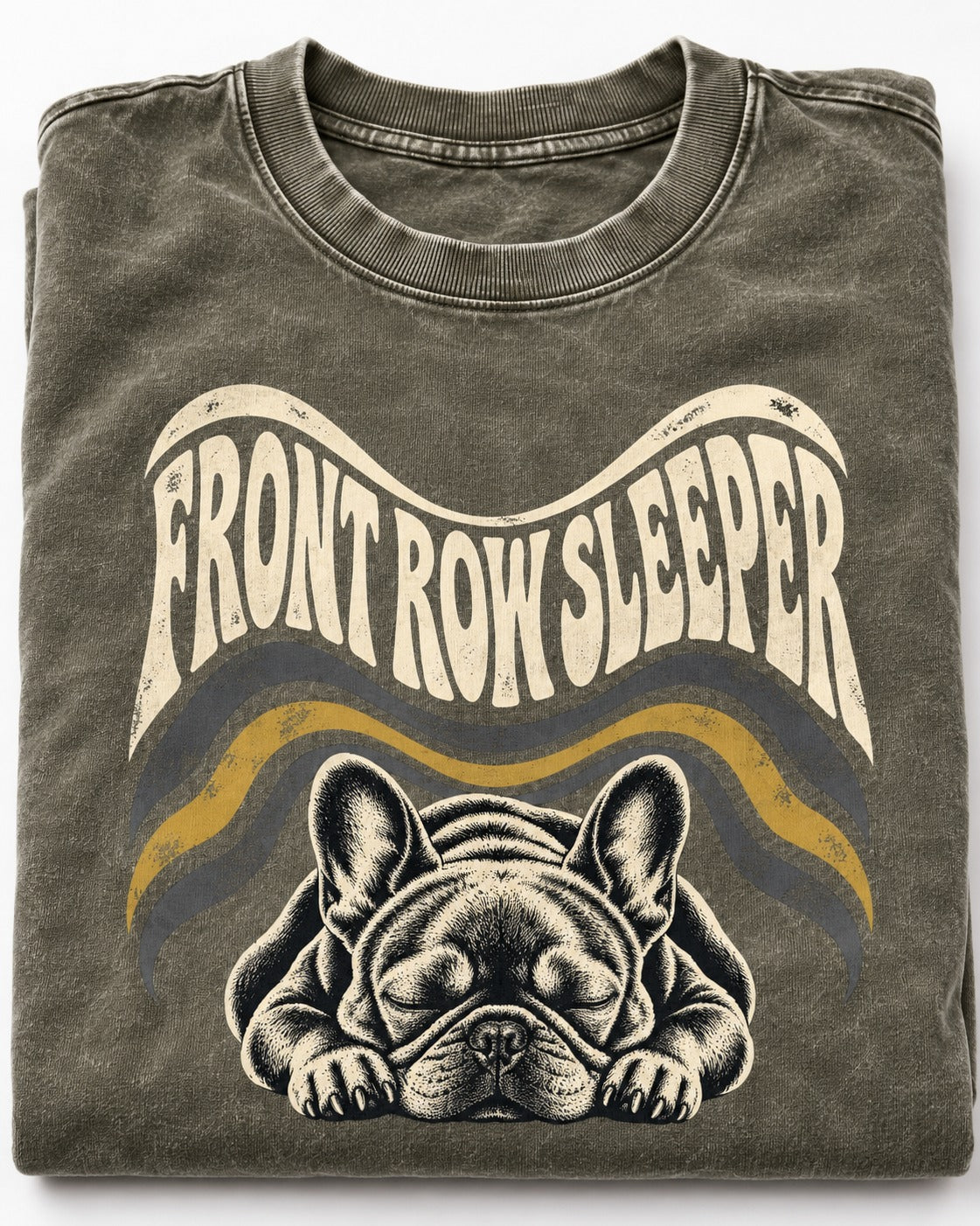 Frenchie Front Row Sleeper Retro Graphic Washed Tee in Army Green, close-up of the graphic