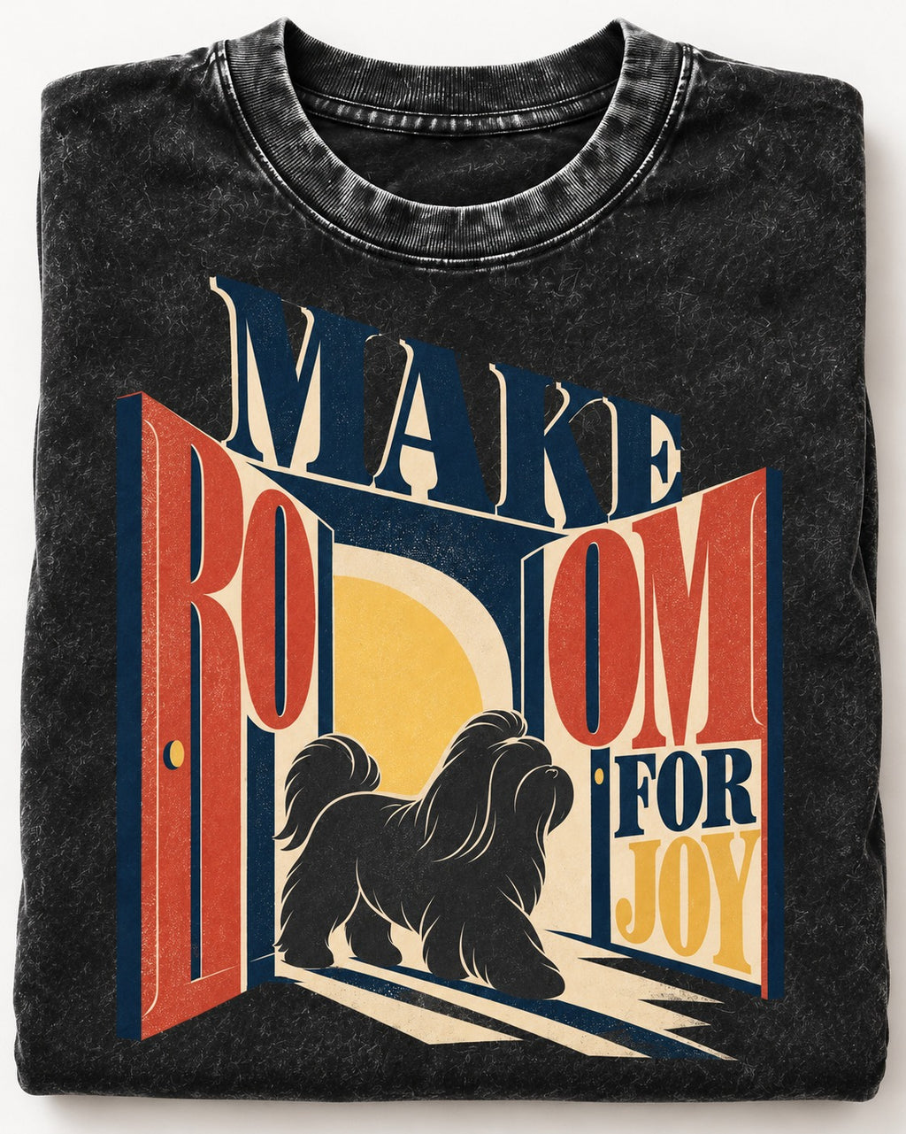 Shih Tzu Make Room for Joy Doorway Graphic Washed Tee in Black, close-up of the graphic