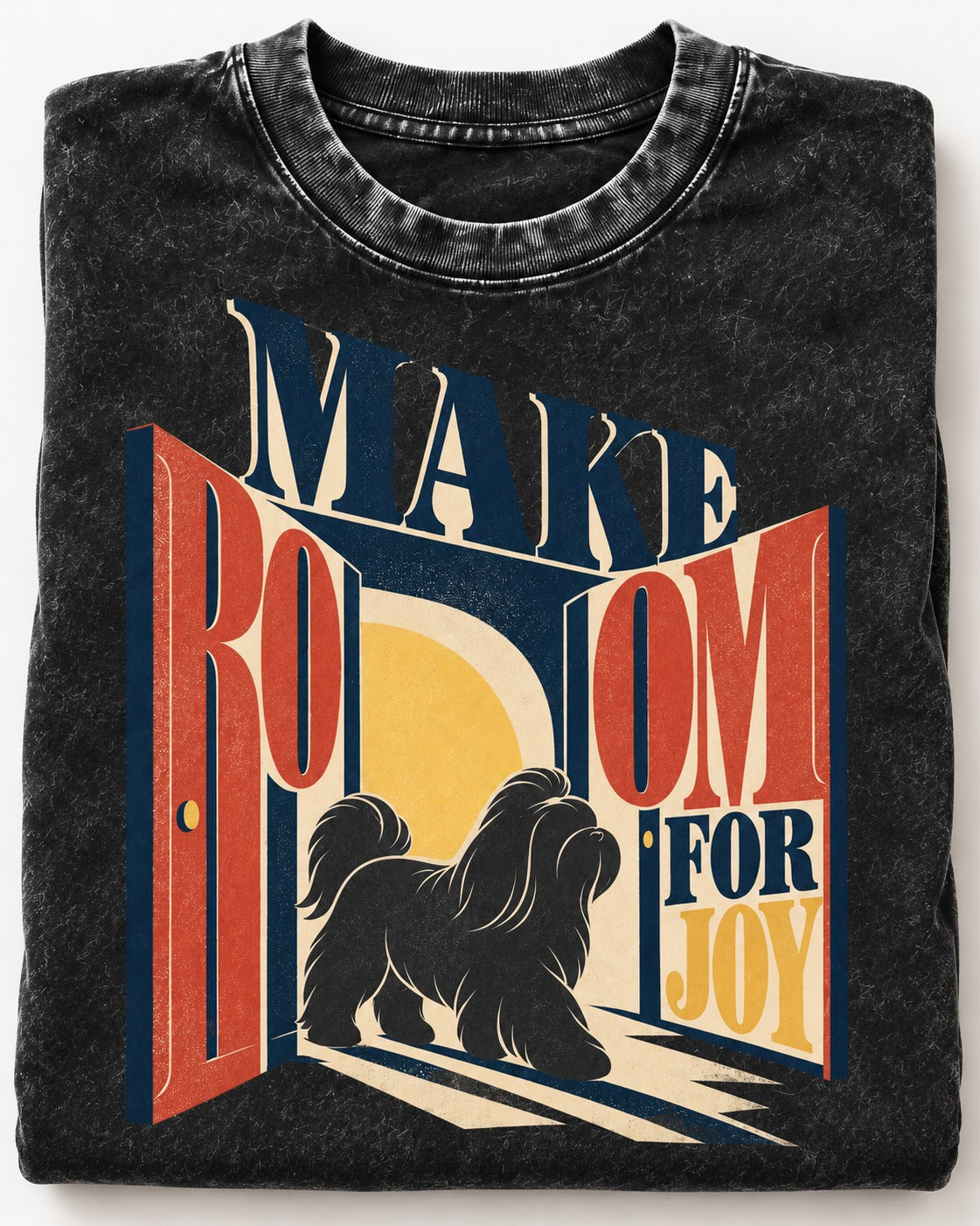 Shih Tzu Make Room for Joy Doorway Graphic Washed Tee in Black, close-up of the graphic