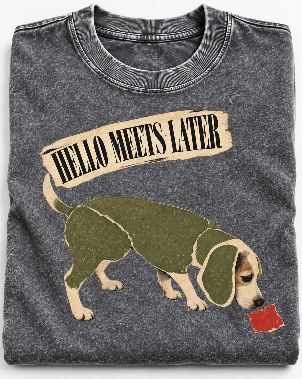 Twenty Minutes Later Beagle Washed Tee in Gray, close-up of the graphic